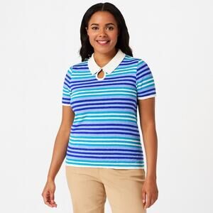 Isaac Mizrahi Live! Women's Stripe Polo Sweater with Keyhole Collar – Size Large